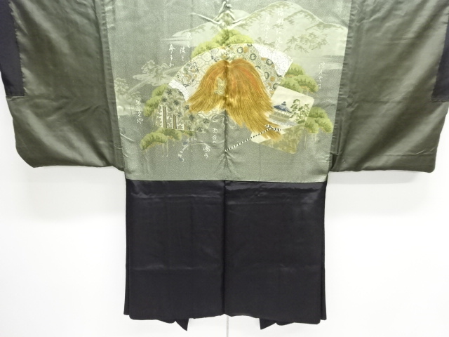 アンティーク　遠山に地紙・文字模様肩裏紋付羽二重男物羽織